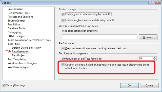  Tools>Test Execution and flag the option “Double-clicking on Failed …”